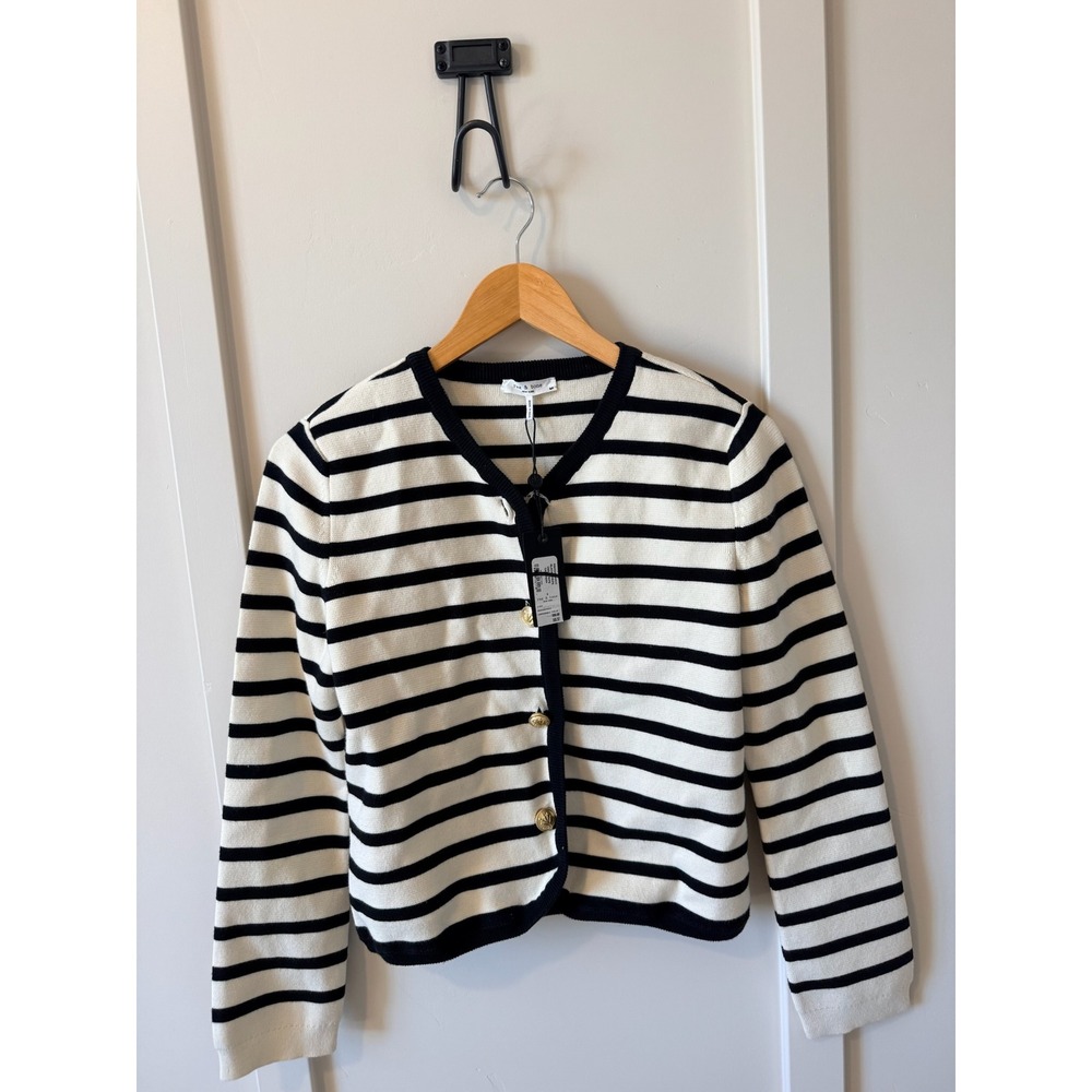 Rag & Bone Dee Stripe Cardigan Black White Gold Button Knit Sweater Size Small